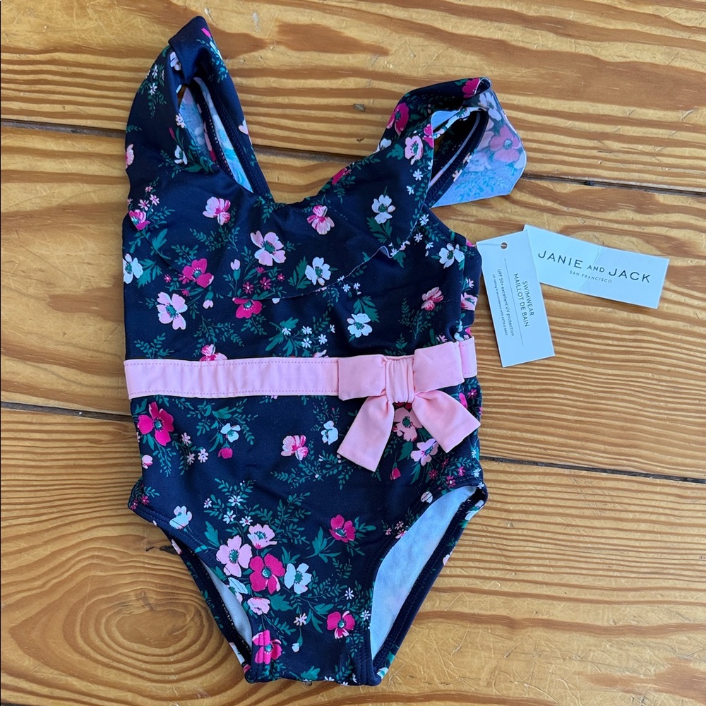 Janie and Jack Black Floral One-Piece Swimsuit with Pink Bow